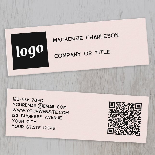Carte De Visite Mini Logo simple et code QR rose pâle (Logo QR card and text custom business cards)