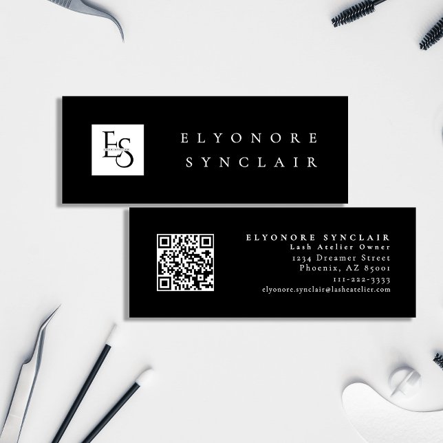 Carte De Visite Mini Minimal Black White Script Lash Logo Qr Code (Créateur téléchargé)