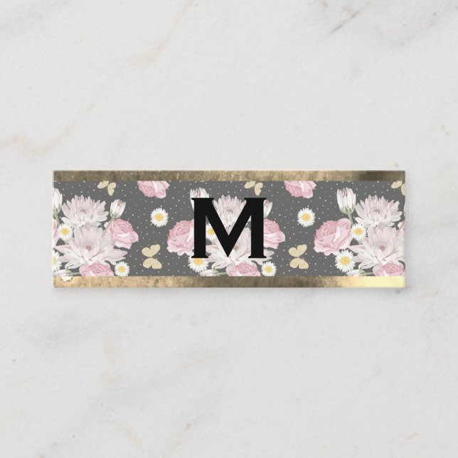 Carte De Visite Mini Monogramme or | Fleurs roses (Devant)