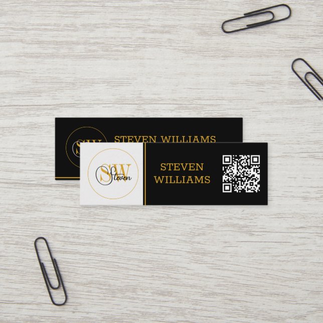 Carte De Visite Mini Nom monogramme et signature moderne / code QR (Devant/Arrière en situation)