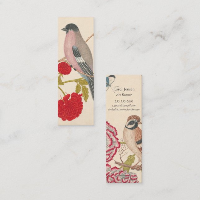 Carte De Visite Mini Paire d'oiseaux avec roses et papillons (Devant / Derrière)