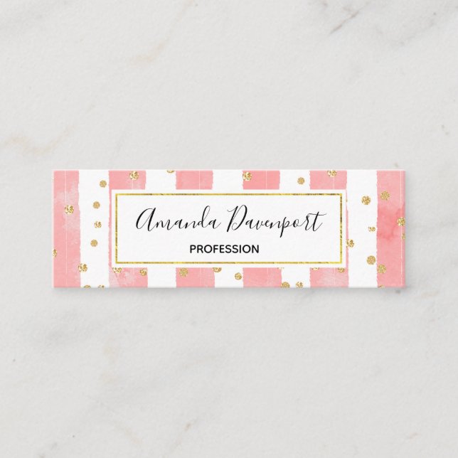 Carte De Visite Mini Pink Blush Stripes with Faux Gold Confeti (Devant)