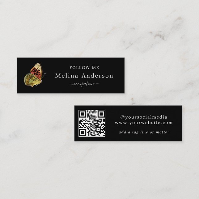 Carte De Visite Mini QR Code Logo Élégant Papillon Social Media (Devant / Derrière)