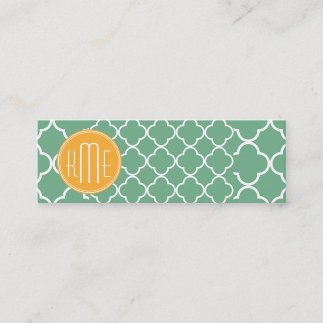 Carte De Visite Mini Quatrefoil vert turquoise chic avec le monogramme (Devant)