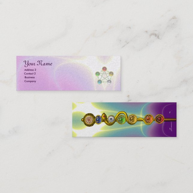 CARTE DE VISITE MINI RODE D'ASCLEPIUS, 7 CHAKRAS, YOGA, ÉNERGIE SPIRITU (Devant / Derrière)
