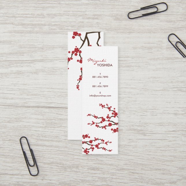 Carte De Visite Mini Rouge Sakura Fleurs Cerisiers Fleurs Chic Asiatiqu (Devant/Arrière en situation)