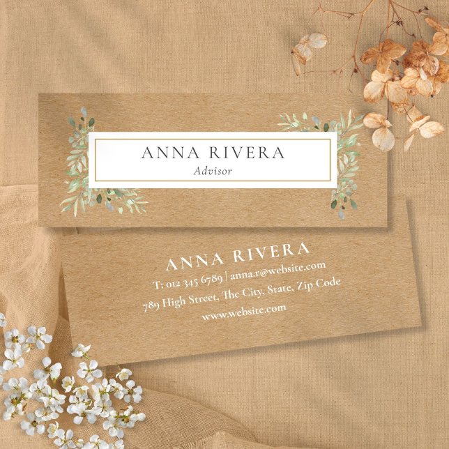 Carte De Visite Mini Rustique Kraft Aquarelle Vert Professionnel (Rustic Kraft Watercolor Greenery Professional Mini Business Card)