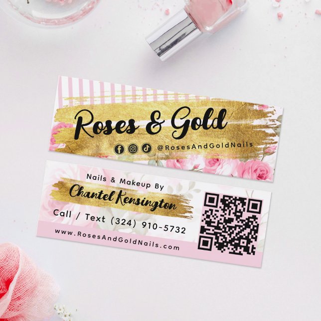Carte De Visite Mini Shabby Blush Aquarelle Rose Gold Social QR Code (Créateur téléchargé)