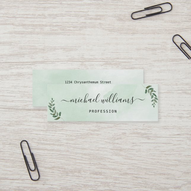 Carte De Visite Mini Signature du script de style vert d'aquarelle simp (Devant/Arrière en situation)