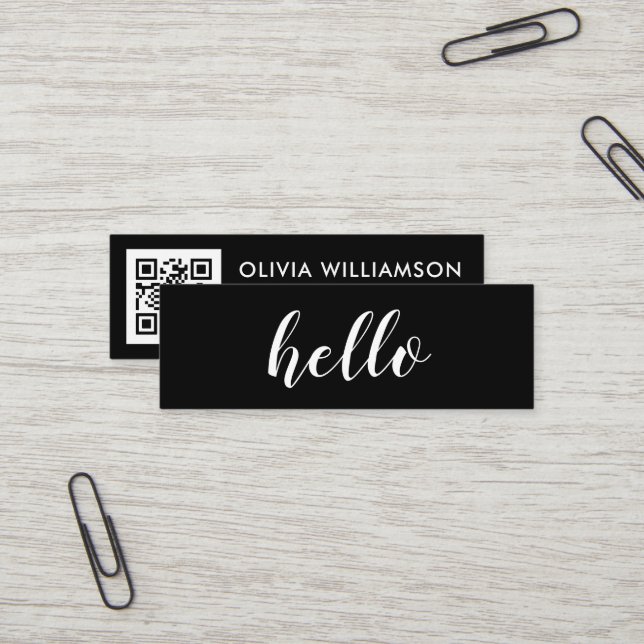 Carte De Visite Mini Simple moderne Black Hello QR Code (Devant/Arrière en situation)