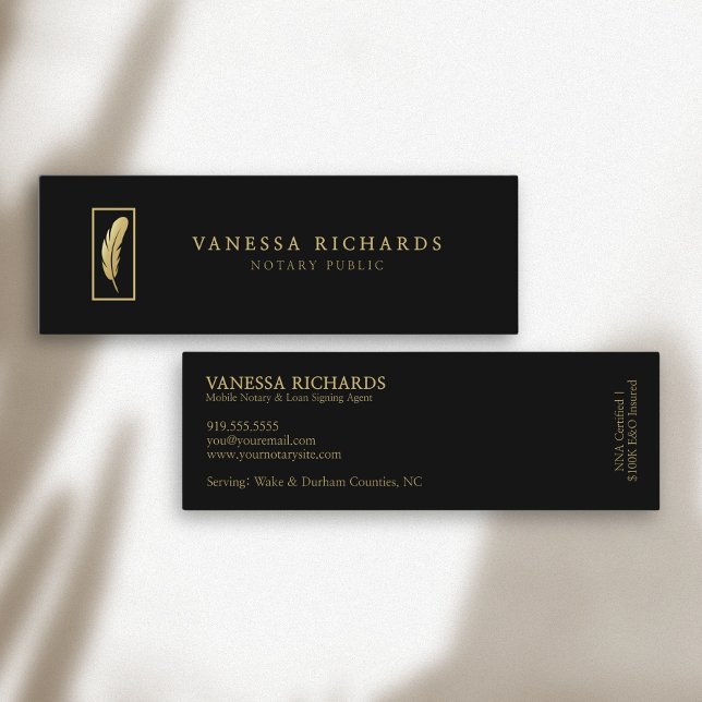 Carte De Visite Mini Sleek Black & Gold Feather Photo QR Code Notaire (Créateur téléchargé)