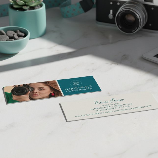 Carte De Visite Mini Turquoise Modern Photo Photographer  (This modern, mini business card features horizontal headshot photo and professional typography!)