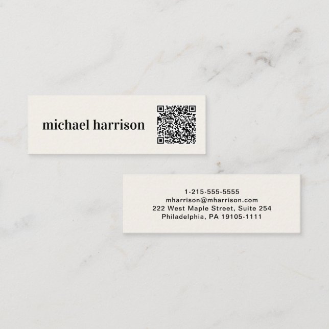 Carte De Visite Mini Typographie moderne minimale QR Code Cream (Devant / Derrière)
