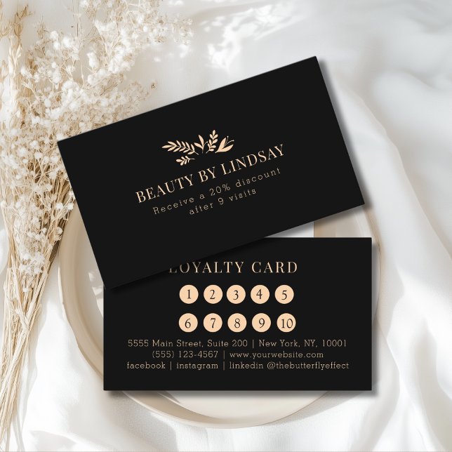 Carte De Visite Minimal Black Botanical Salon Loyalty (Minimal Black Botanical Custom Salon Loyalty Business Card)