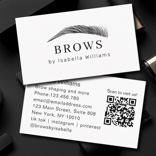 Carte De Visite Minimal Elegant Eyebrow Salon QR-Code (Minimal Elegant Eyebrow Salon QR-Code Business Card)