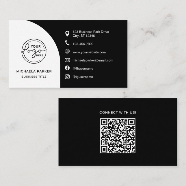 Carte De Visite Minimal Professional Custom Logo QR Code Black (Devant / Derrière)