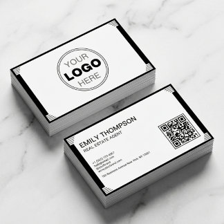 Carte De Visite Minimalist Black White Art Deco Logo QR Code