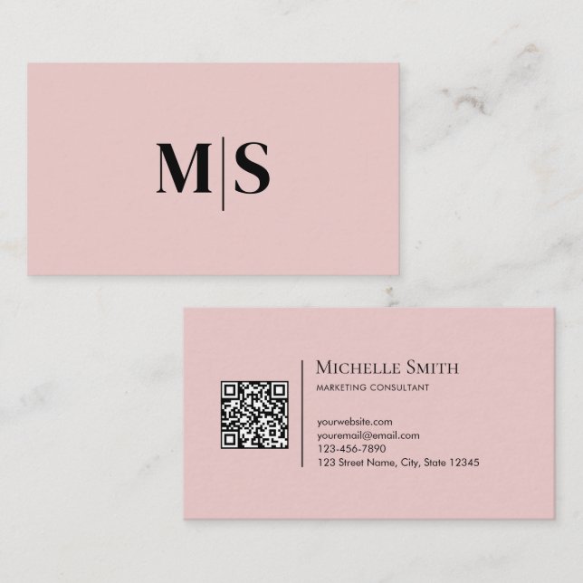 Carte De Visite Minimalist Modern Initials QRCode Black on Pink (Devant / Derrière)