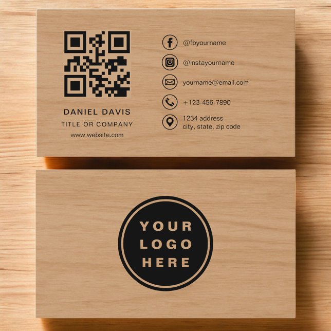Carte De Visite Minimalist Wood Professional Company Logo QR Code  (Créateur téléchargé)