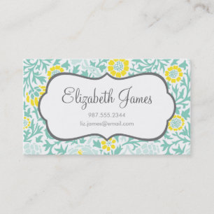 Carte De Visite Mint Aqua et Yellow Retro Floral Damask