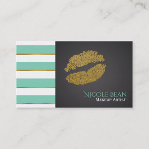 Carte De Visite Mint Green Stripes & Faux Gold Shine Lips Chic