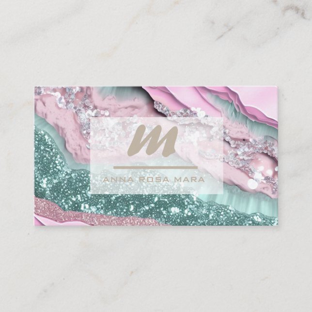 Carte De Visite *~* MINT PINK QR Marbre Glam Luxe Initial AP66 (Devant)
