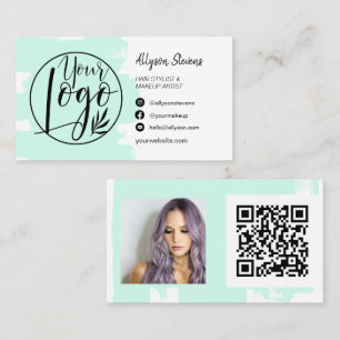 Carte De Visite Mint vert brosse cheveux maquillage photo logo qr