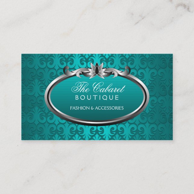 Carte De Visite Miroitement argenté turquoise de damassé élégante (Devant)
