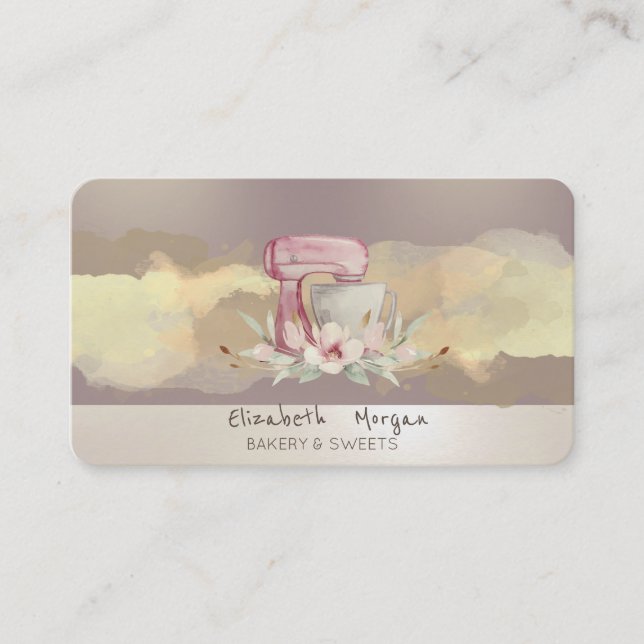 Carte De Visite Mixeur de gâteau à fleurs à l'aquarelle moderne (Devant)