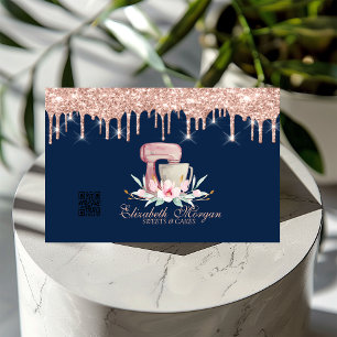 Carte De Visite Mixeur Floral Rose Gold Gouttes Code QR Bleu Marin