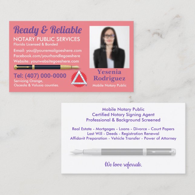 Carte De Visite Mobile Notary Public Customizable Photo Business C (Devant / Derrière)
