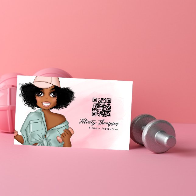 Carte De Visite Mode Afro Fitness Instructor Girl QR Code (Créateur téléchargé)