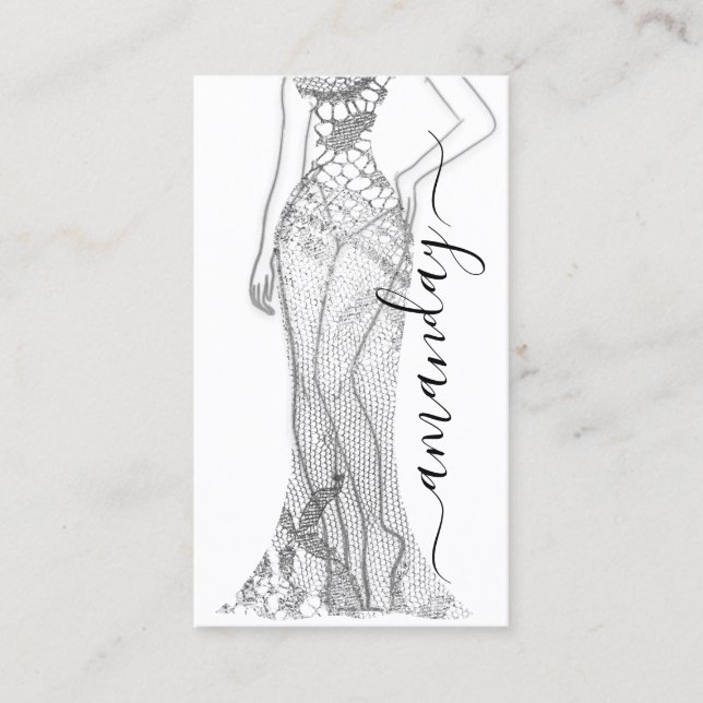 Carte De Visite Mode Designer Dress Logo QR Code Silver Lace (Devant)