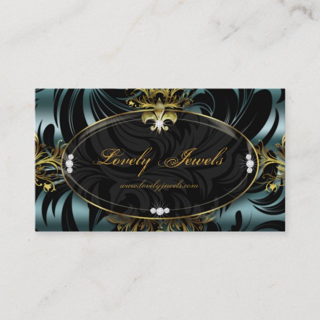 Carte De Visite Mode élégante Fleur de lis Gold Teal de bijoux (Devant)