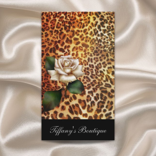 Carte De Visite mode girly stylisée empreinte de léopard blanc ros (fashion beauty salon elegant stylish Animal print leopard white rose Business Card)