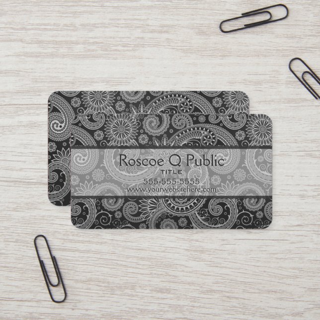 Carte De Visite Modèle DAMASK floral noir et gris (Devant/Arrière en situation)