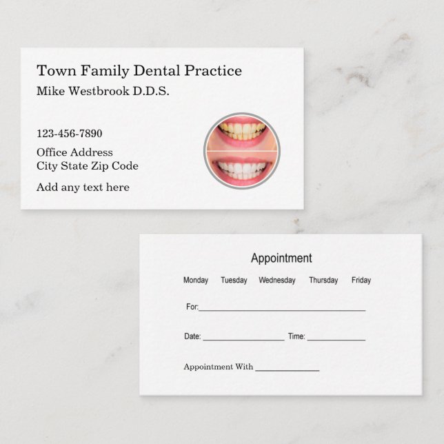 Carte De Visite Modèle des nominations au bureau des dentistes de  (Devant / Derrière)