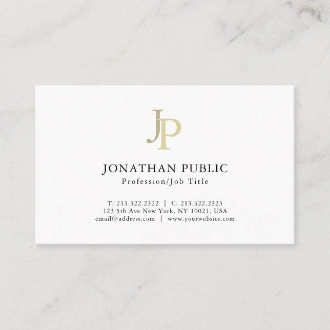 Carte De Visite Modèle Élégant Monogramme Professionnel Or Blanc (Devant)