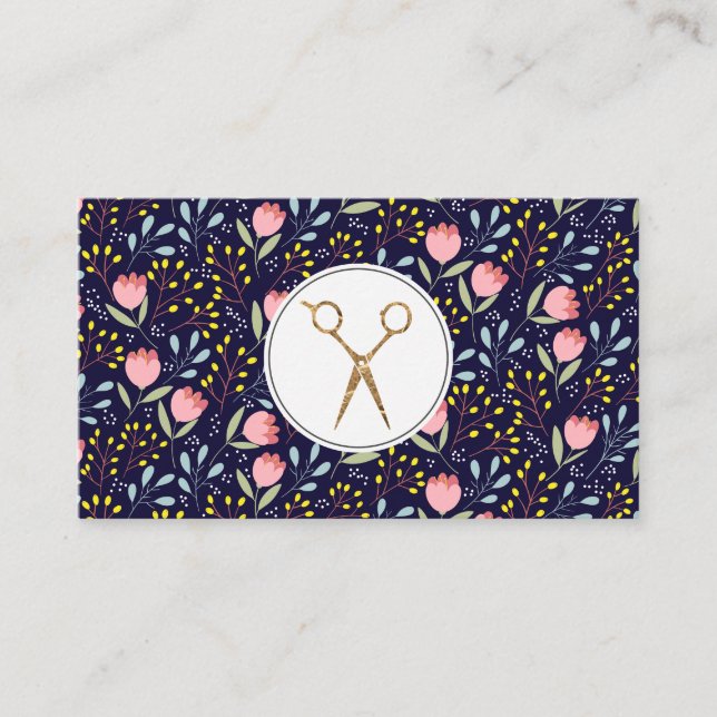Carte De Visite Modèle floral tendance | Ciseau de salon (Devant)