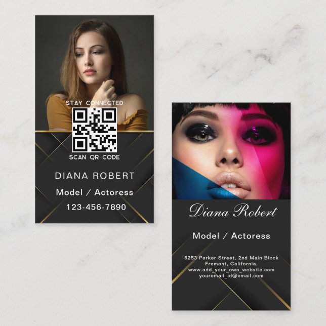 Carte De Visite Modèle moderne élégant et acteur 2 photos QR Code (Devant / Derrière)
