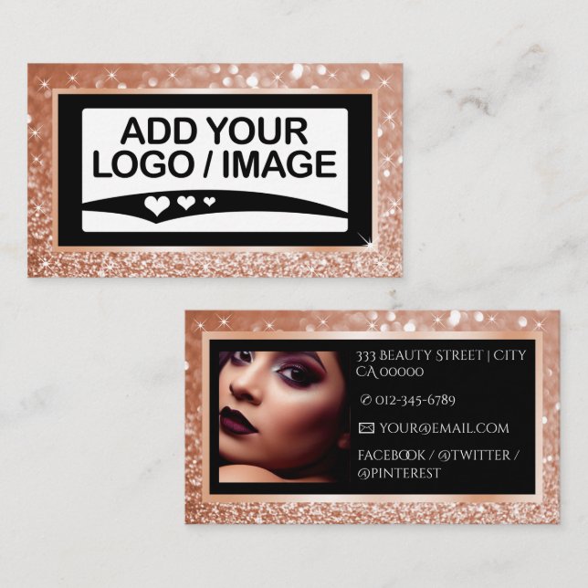 Carte De Visite Modèle photo de logo Rose Gold Sparkle de luxe (Devant / Derrière)