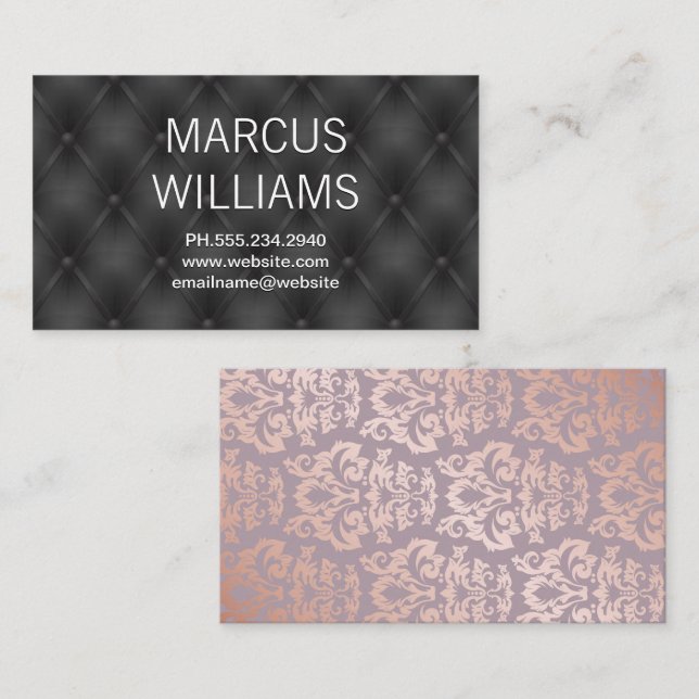 Carte De Visite Modèle rose Gold Damask | Cuir rembourré (Devant / Derrière)