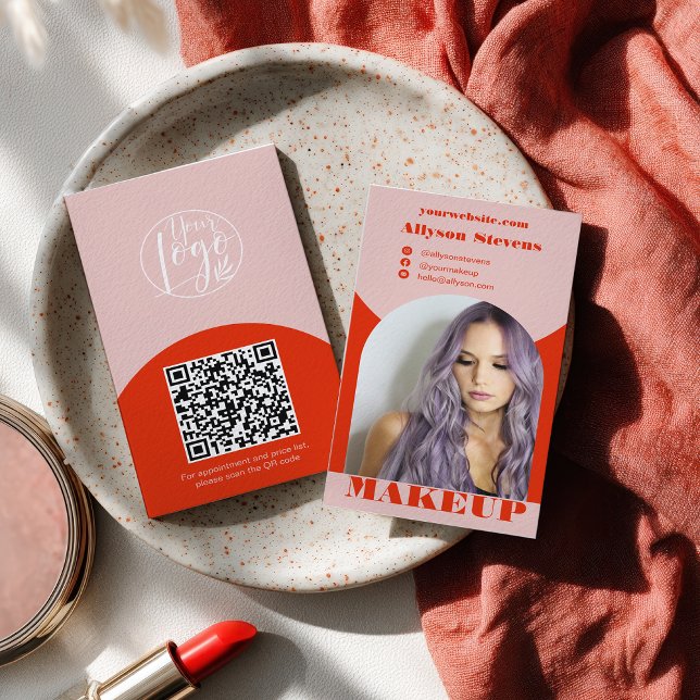Carte De Visite Modern arch makeup blush red photo qr code logo (Modern arch makeup blush red photo qr code logo business card)