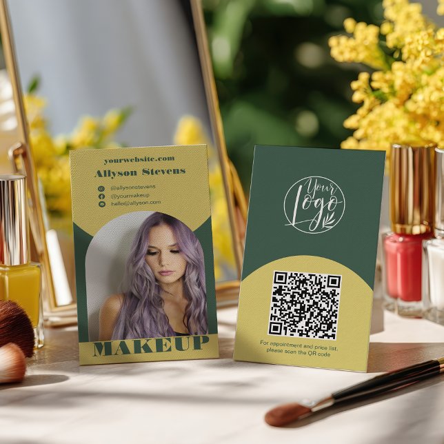 Carte De Visite Modern arch makeup yellow green photo qr code logo (Modern arch makeup yellow green photo qr code logo business card)