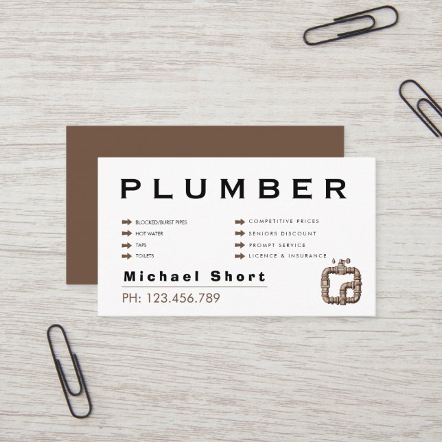 Carte De Visite Modern Black & Brown Plumber (Devant/Arrière en situation)