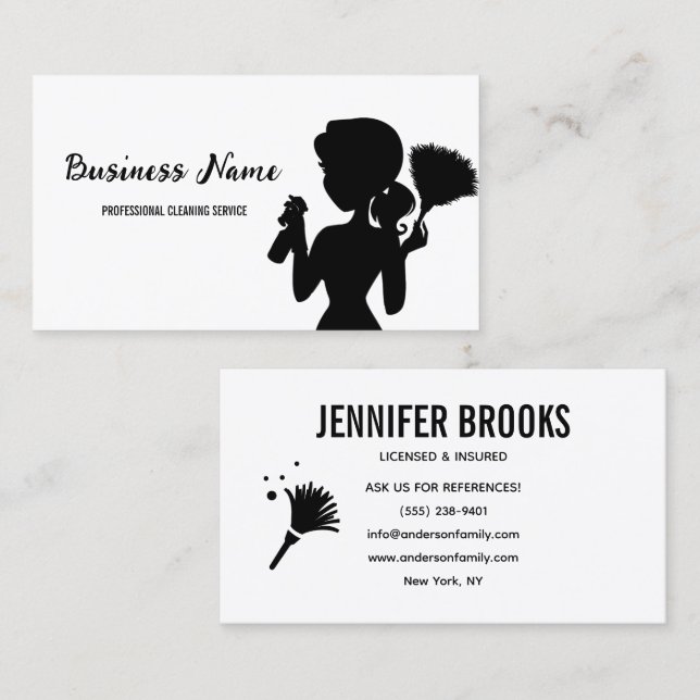 Carte De Visite Modern Black Cleaning Service Housekeeper Maid (Devant / Derrière)