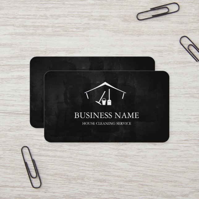 Carte De Visite Modern Black House Cleaning Service House Logo (Devant/Arrière en situation)