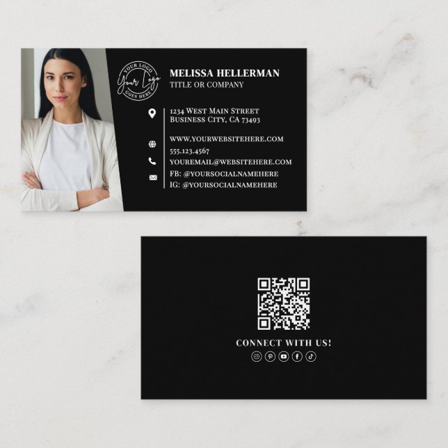 Carte De Visite Modern Black Professional QR Code Photo Logo (Devant / Derrière)