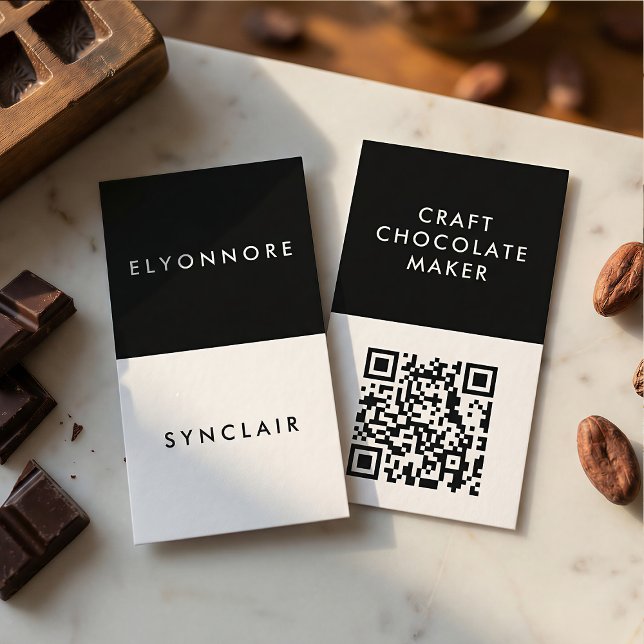 Carte De Visite Modern Black White Craft Chocolate Maker QR Code (Créateur téléchargé)