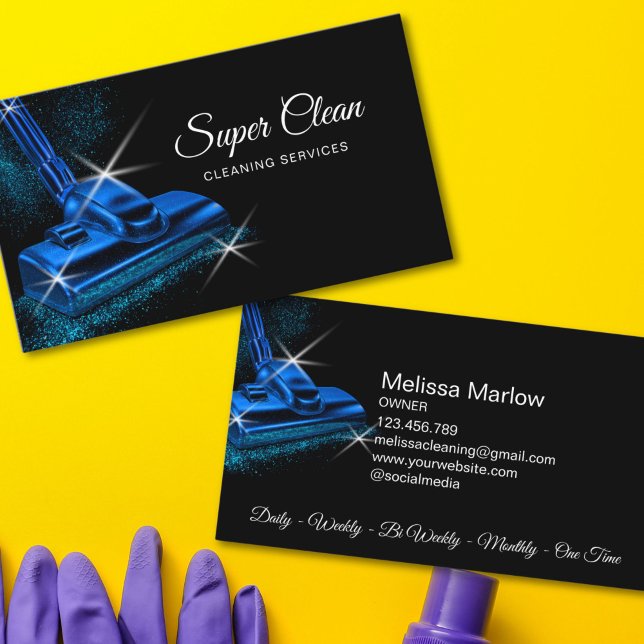 Carte De Visite Modern Blue Commercial House Cleaning Service (MODERN BLUE GLITTER VACUUM CLEANER BUSINESS CARD)